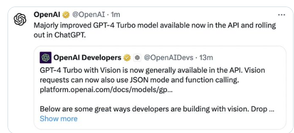 OpenAI发布GPT-4-Turbo 正式版 可识别图片