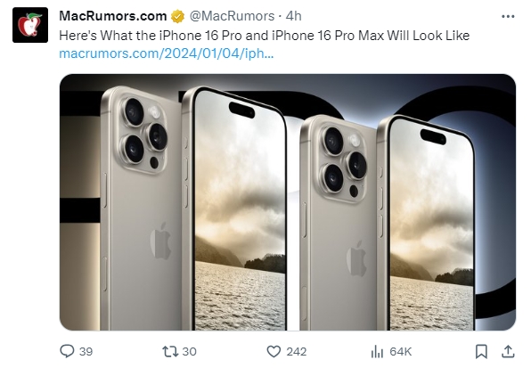 iPhone16Pro渲染图曝光 Pro系列预计将扩大屏幕尺寸